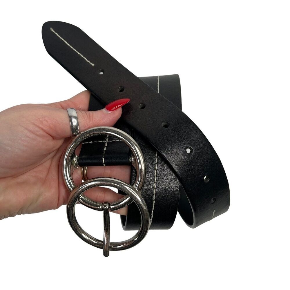 Olga Santini Women's Size L Leather Belt Black DOUBLE OO Buckle Silver Toned